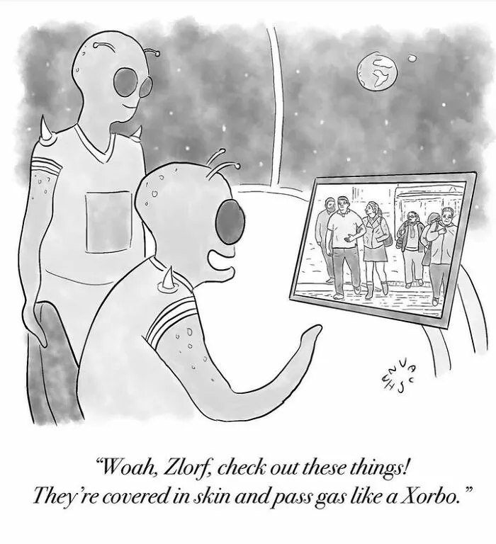 Alien comedy comic observing humans and commenting on their skin and gas