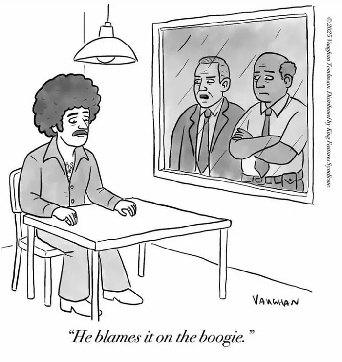Man with 70s hairstyle being observed, comedy comic blaming interrogation on the boogie