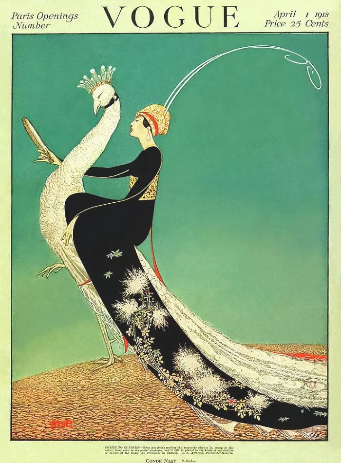 Vintage Vogue cover with art deco fashion illustration of a woman in a black gown embracing a white peacock.