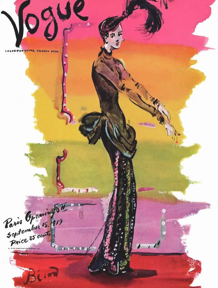 Vintage Vogue cover displaying an elegant fashion illustration of a woman in a long gown against colorful background.