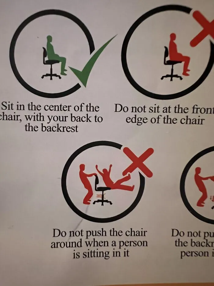 Absurd chair safety poster with funny warning diagrams about sitting properly