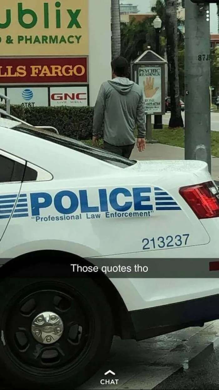 Police car decal showing people misused quotation marks around Professional Law Enforcement.