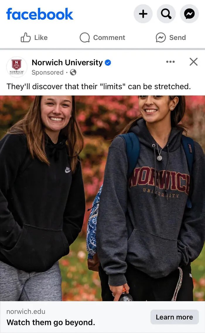 Social media ad showcasing university students with misused quotation marks around limits.