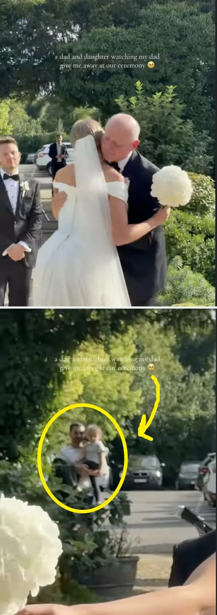 A dad hugging his daughter at her wedding, representing wholesome moments captured during the ceremony.