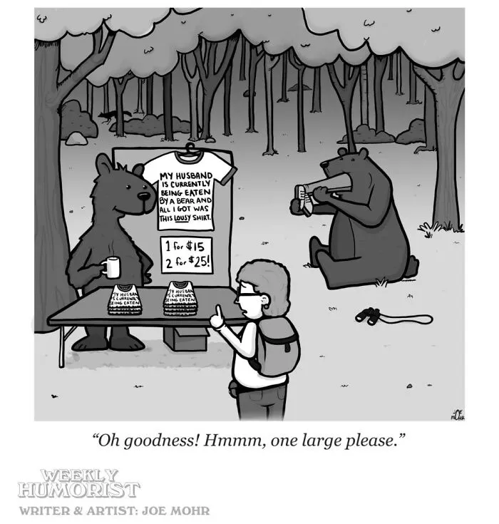 Cartoon with bears selling shirts about husband being eaten by a bear