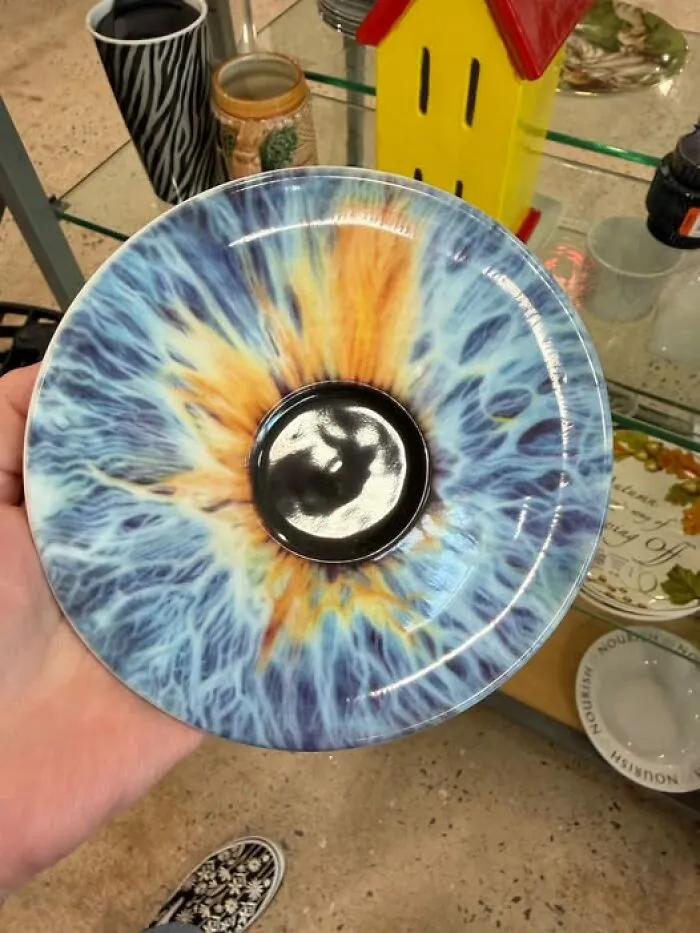 Hand holding a unique plate shaped like a human eye iris, a weird thrift find.