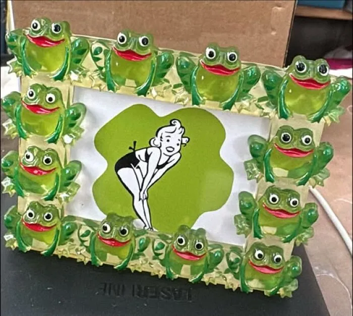 A fun picture frame surrounded by green plastic frogs, a memorable thrift find.