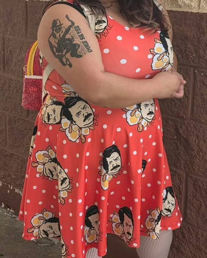 Person wearing Ron Swanson printed dress, funny thrift finds