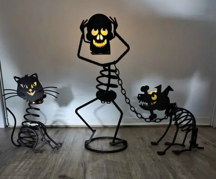 Halloween metal skeleton and pet decorations, cool thrift store finds