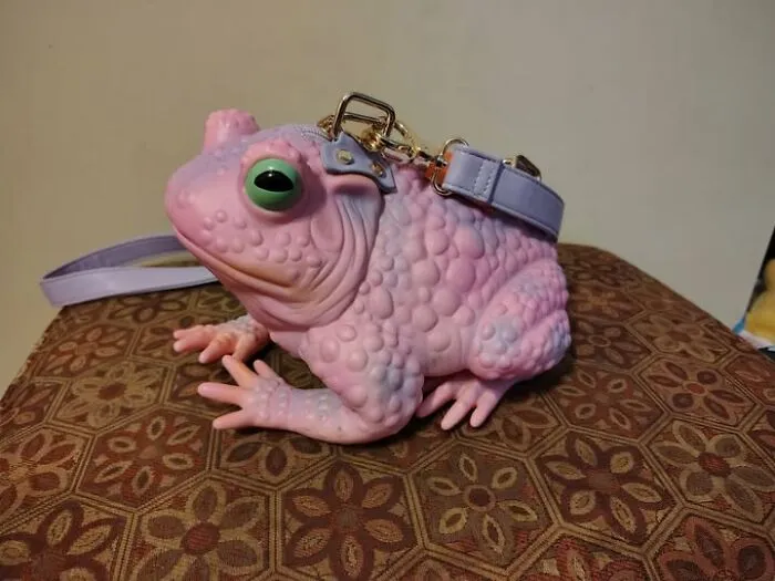 Unique pink and purple toad shaped purse sitting on a patterned surface, a cool thrift find