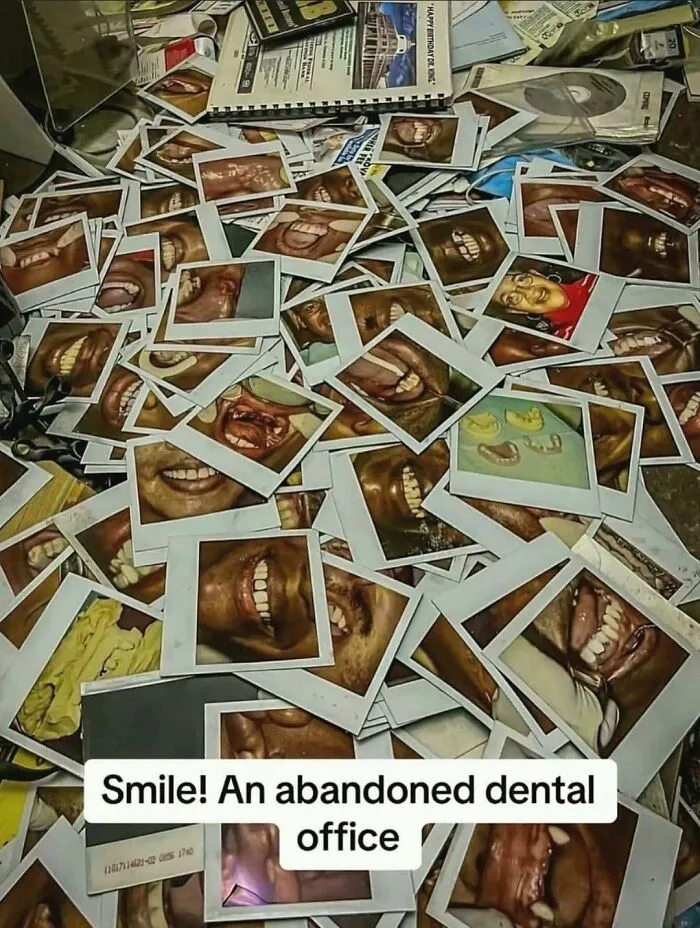Scattered polaroid photos of open mouth teeth from abandoned dental office, representing cursed images