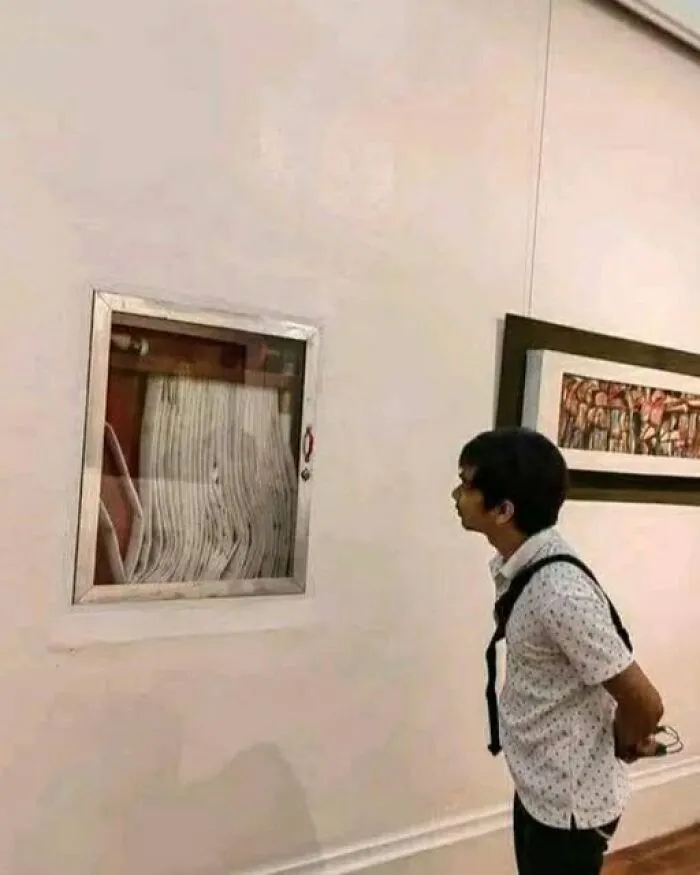 Man staring intently at a wall-mounted fire hose cabinet, featured in odd photos.