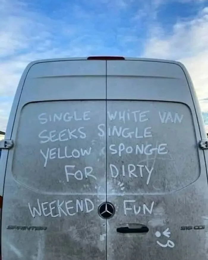 Dirty van with a funny message written on the back window, one of many interesting photos.