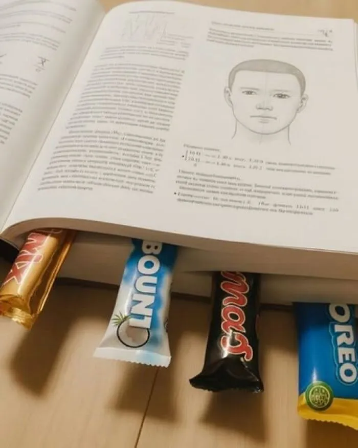 A textbook using chocolate bars as bookmarks, featured in fun photos.