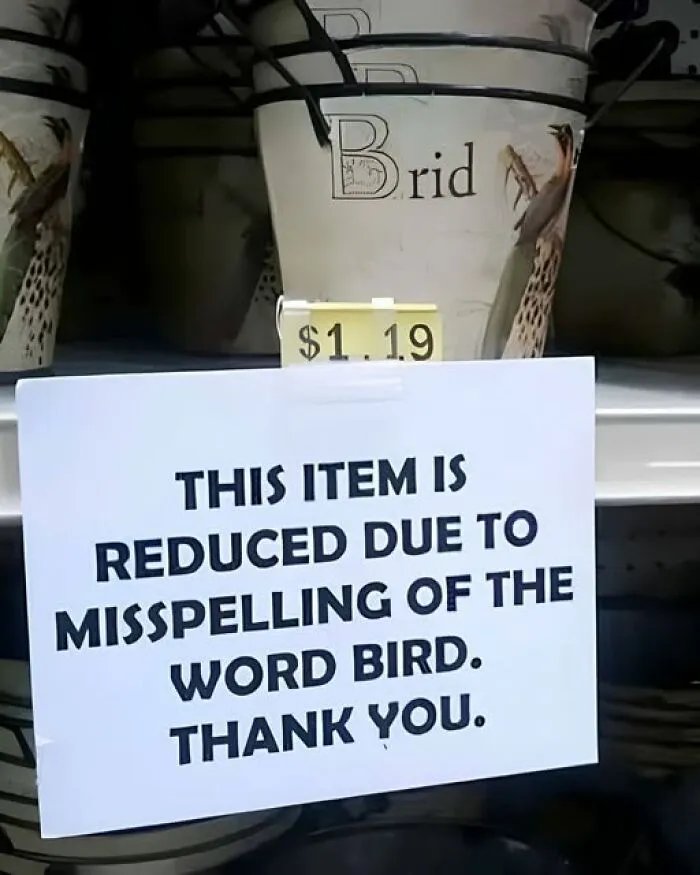 A funny store sign explaining a price reduction on a pot with the misspelled word Brid instead of bird.