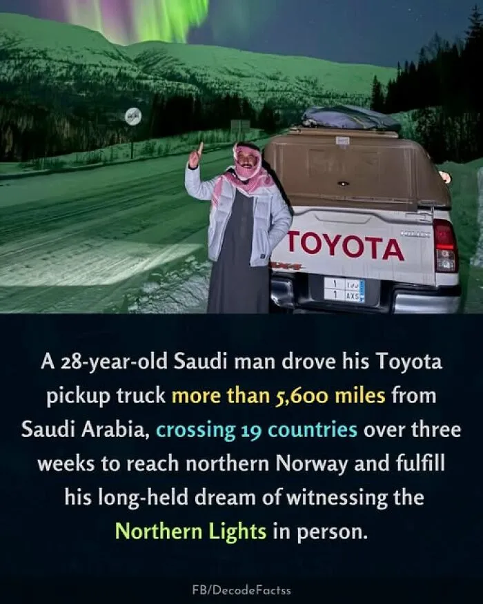 Saudi man drove Toyota pickup over 5600 miles across 19 countries to see Northern Lights in Norway