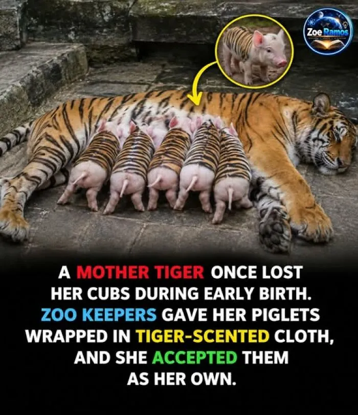 Mother tiger accepts piglets wrapped in tiger-scented cloth as her own