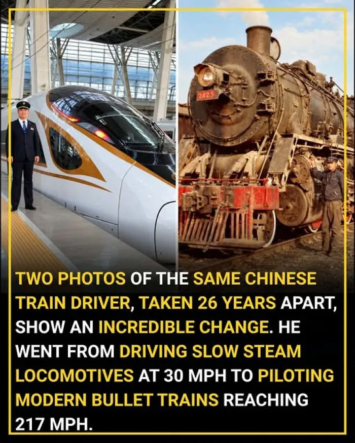 Chinese train driver photos 26 years apart show change from steam to bullet trains