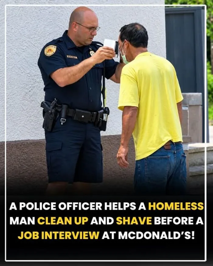Police officer helping homeless man clean up and shave before job interview