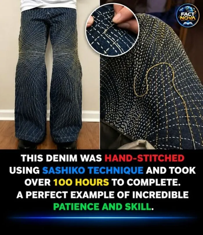 Denim hand-stitched with sashiko technique taking over 100 hours to complete