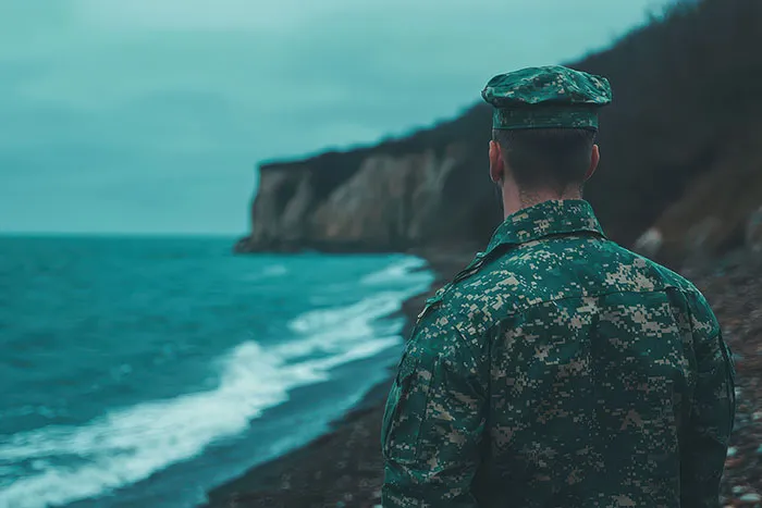 Soldier facing ocean cliff representing tough military job challenges