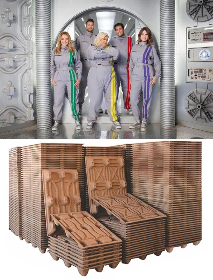 Actors in sci-fi jumpsuits and stacked plastic pallets used as movie props.