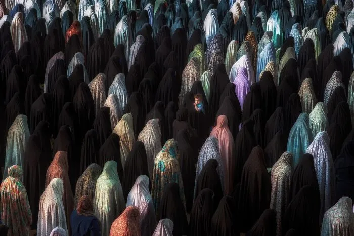 Crowd of women wearing colorful and black chadors at a cultural gathering photo awards
