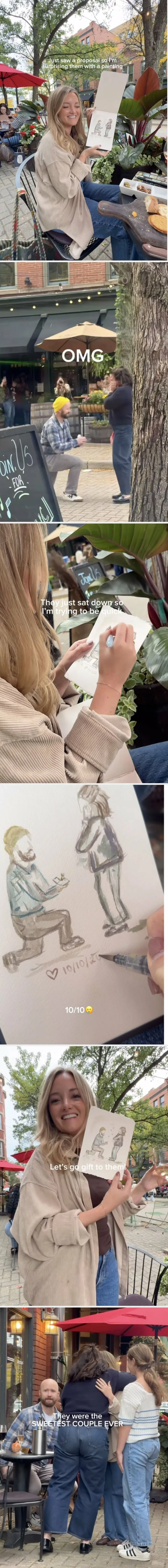 Woman paints street proposal, sharing wholesome moments.