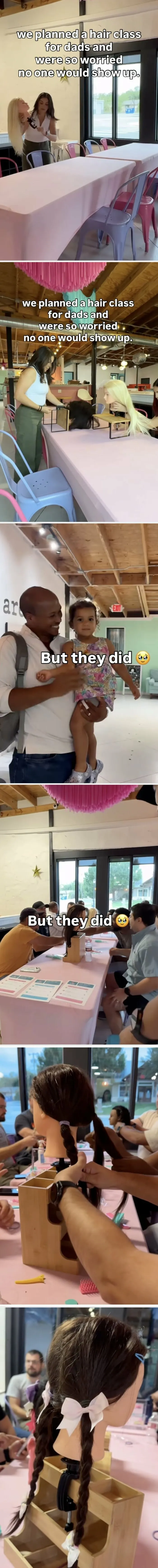 Dads learning how to braid hair at a workshop, reflecting wholesome moments shared online