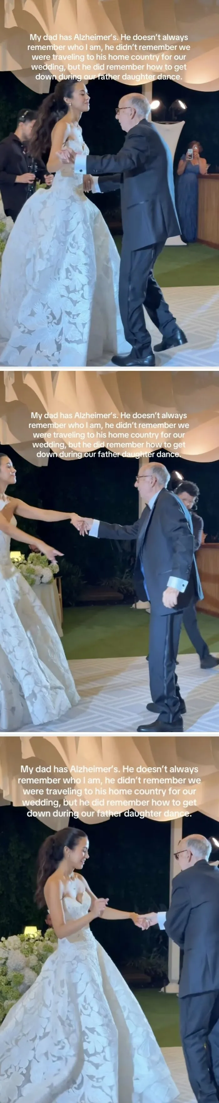 Bride dancing with her father who has Alzheimers, capturing wholesome moments.