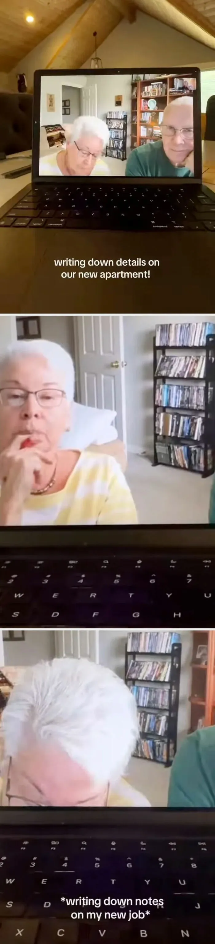 Grandparents writing notes on a laptop screen video call, capturing wholesome moments of connection.