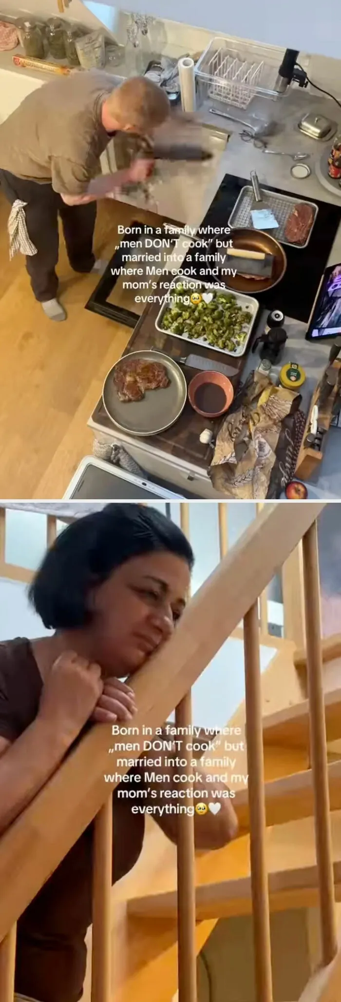 A man preparing food while a woman smiles, illustrating wholesome moments of family support.