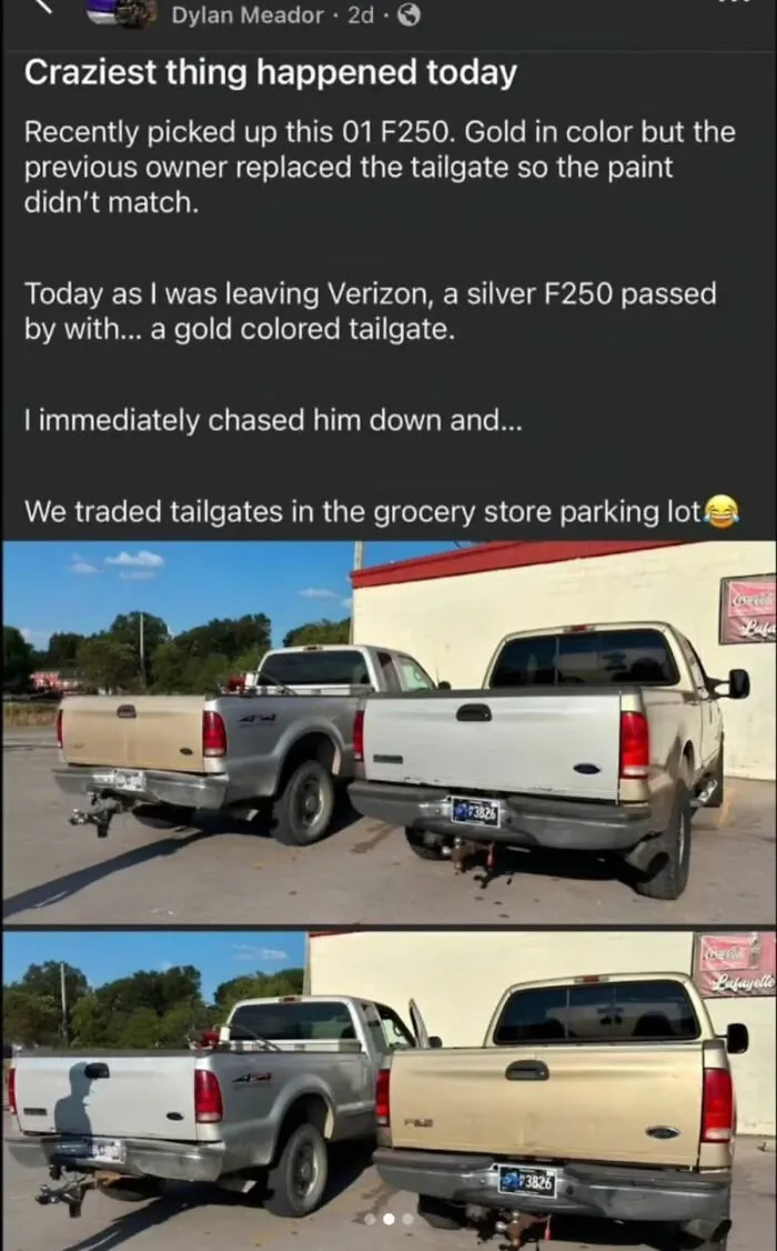 A social post about truck owners swapping matching color tailgates as wholesome moments on the internet.