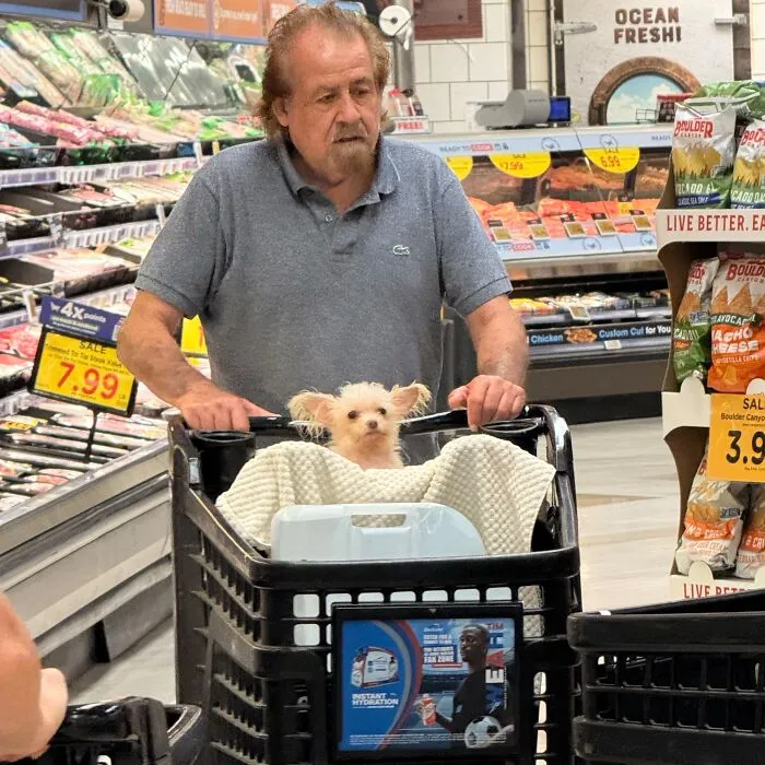 An older man pushing a small dog wrapped in a blanket inside a grocery cart, sharing wholesome moments.