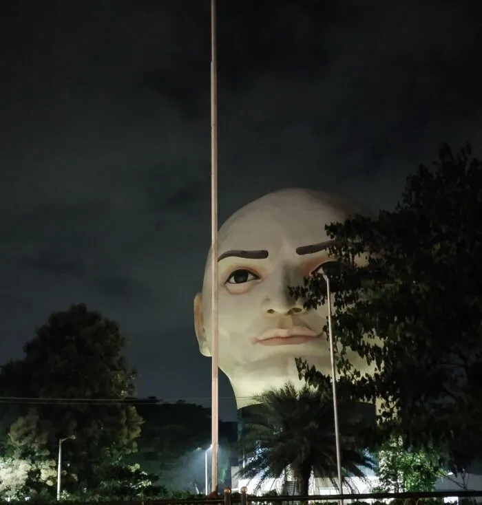 A massive public art sculpture of a realistic human head peeking out behind trees at night.