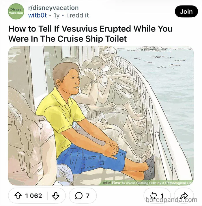 Funny WikiHow images screenshot of passengers sitting outdoors on a boat deck with funny captions.