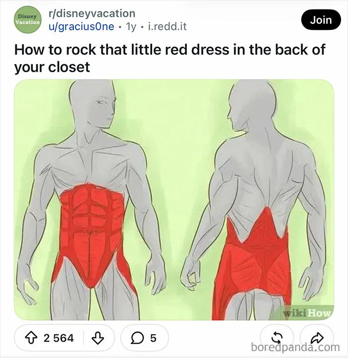 Funny WikiHow images screenshot showing anatomical drawings of muscle groups highlighted in red.