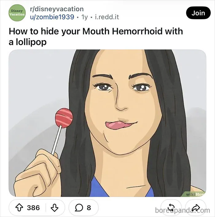 Funny WikiHow images screenshot showing an illustration of a woman holding a red lollipop.