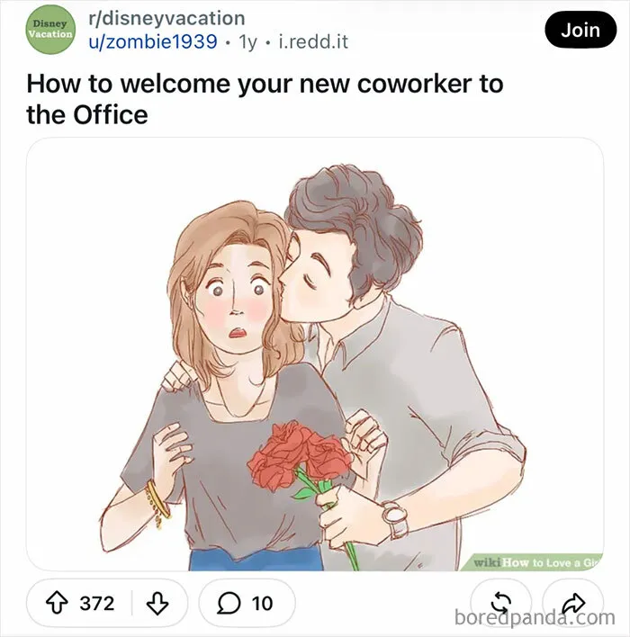 A WikiHow image featuring a humorous caption of a man giving a cheek kiss to a surprised woman.