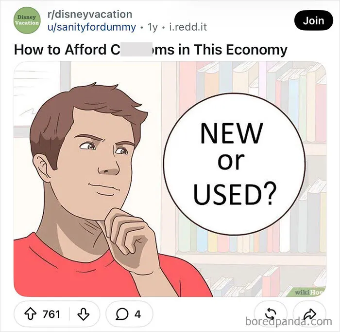 A funny WikiHow image meme of a thoughtful man standing in front of a bookshelf with a speech bubble that says NEW or USED.