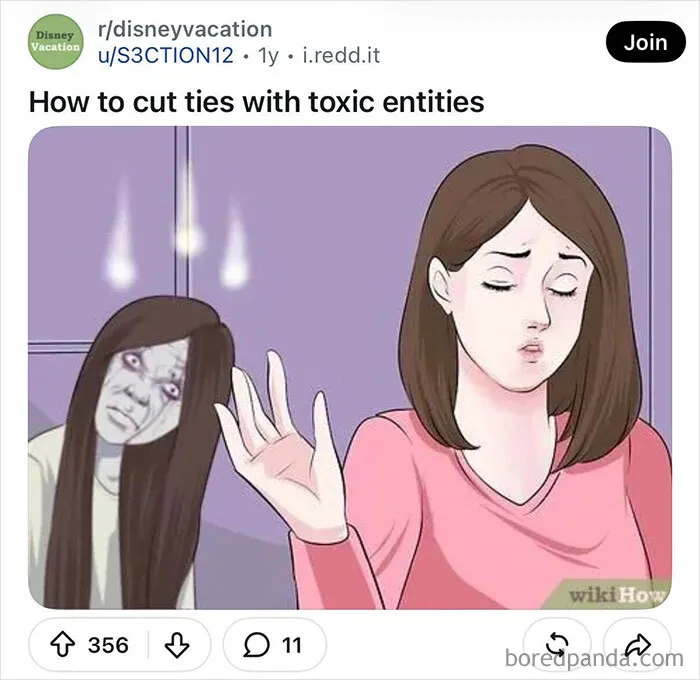 A funny WikiHow image meme depicting a woman raising her hand to dismiss a spooky ghoul standing behind her.