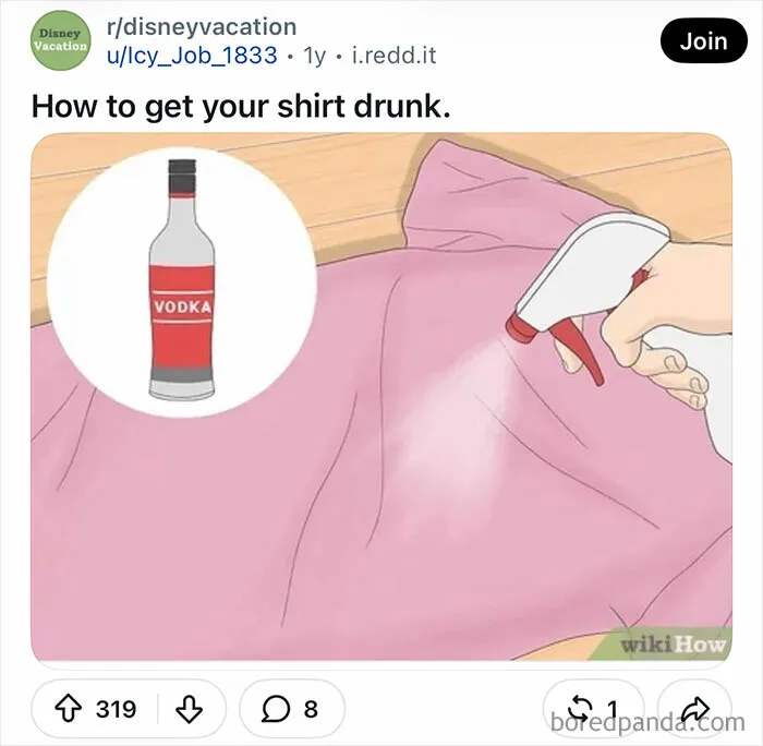 Funny WikiHow Images edit showing spray bottle spraying a pink shirt with vodka