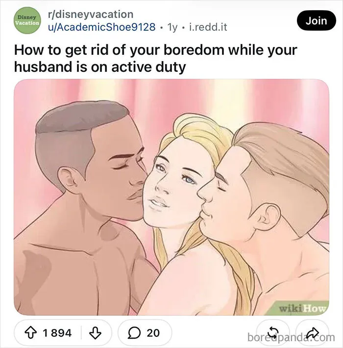 A funny WikiHow image meme featuring a blonde woman being kissed on both cheeks by two men at the same time.
