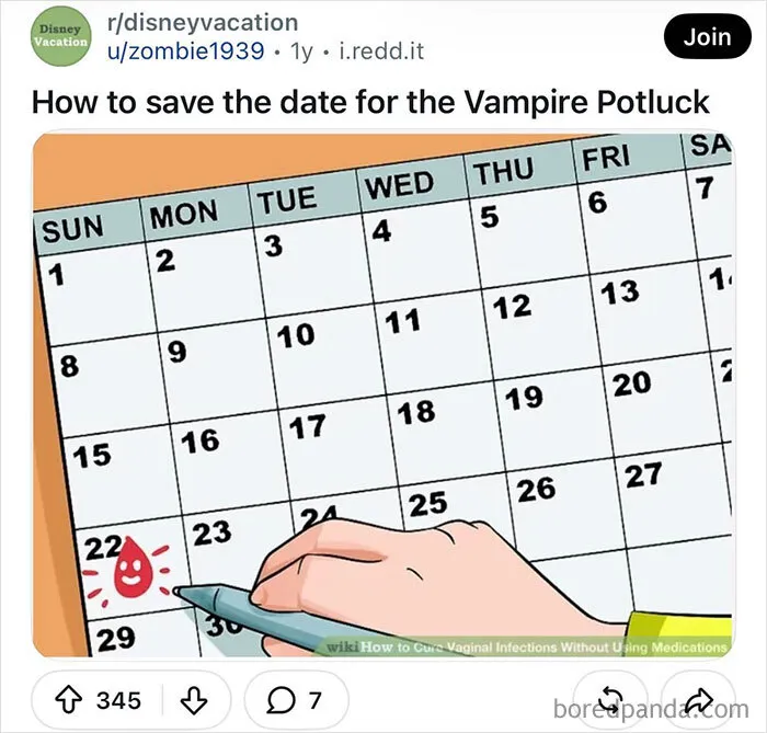 Funny WikiHow images screenshot showing a calendar illustration marked with a blood drop icon.