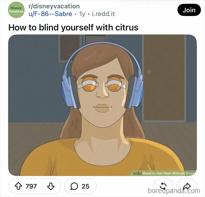 WikiHow images funny meme depicting a woman wearing headphones and taped orange slices over her eyes