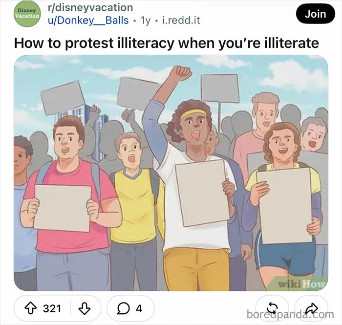 Funny WikiHow images meme showing people protesting with blank signs.