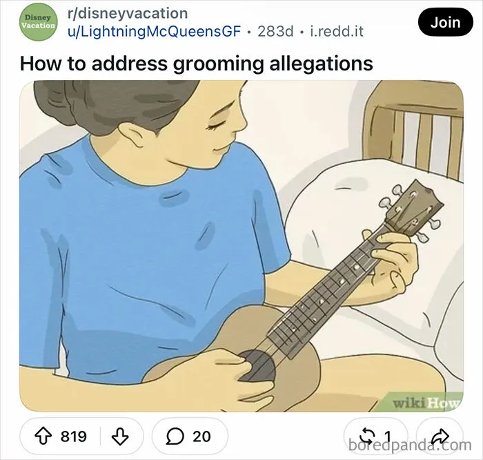 A humorous WikiHow image showing a girl holding a ukulele paired with a funny caption