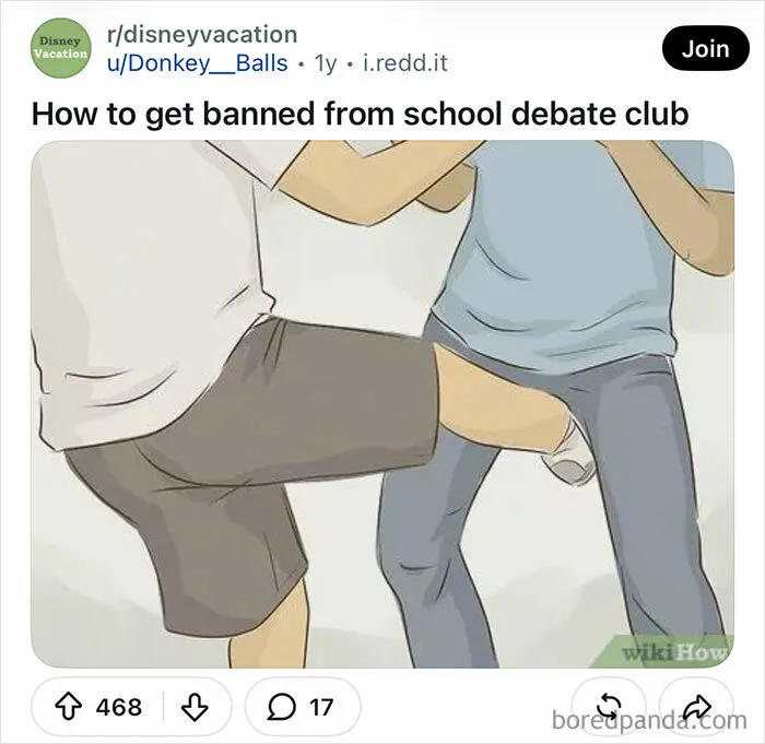 Humorous WikiHow images illustration of one person kicking another in the groin.