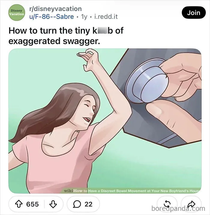 WikiHow images captioned meme of a woman dancing next to a close-up of hands turning a dial