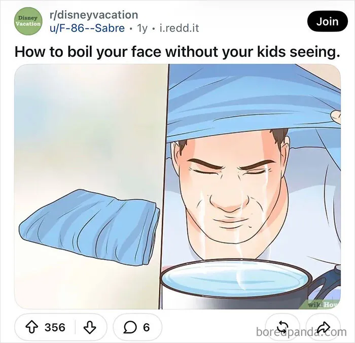 WikiHow images meme showing a man steaming his face over a hot pot of water